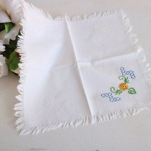 Vintage 1960s 1970s Handkerchief, White Cotton With Embroidered Flowers Fringe